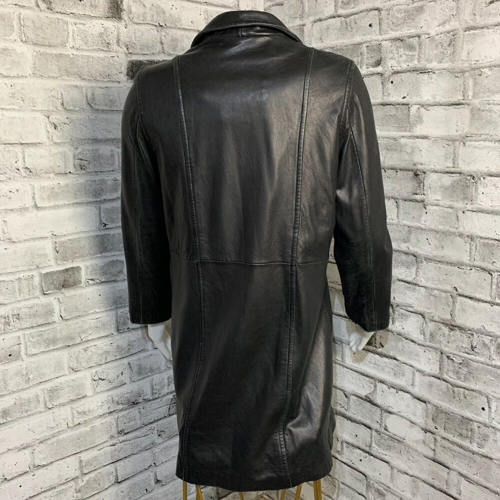 Vintage 90s Danier Black Leather Blazer Trench Coat Overcoat Longline Jacket - Picture 5 of 16